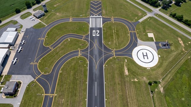 Angle view of a small regional airport runway with a helicopter landing pad and grass fields