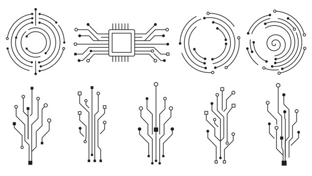 Technology circuit board vector set. Electronic motherboard, CPU, digital connection lines and circular network design elements for tech, data and innovation concepts.