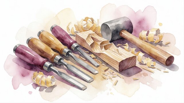 Carpentry tools including chisels hammer and wood shavings on wooden workbench