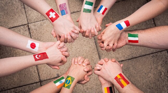 Global unity and international cooperation concept photo. Diverse people holding hands with painted flags