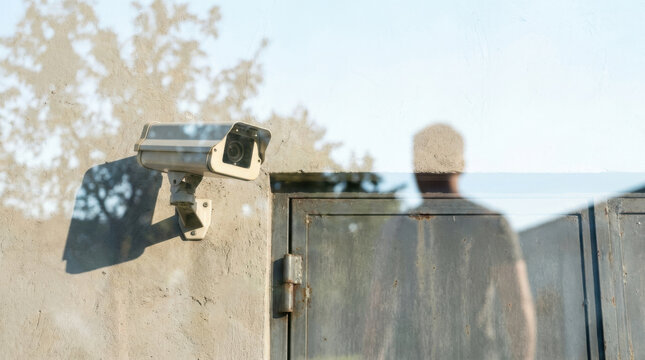 Security camera mounted on concrete wall beside metal gate with human shadow and tree reflection