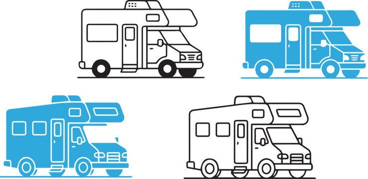 Line art and solid camper van icons representing recreational vehicles for travel with recreational
