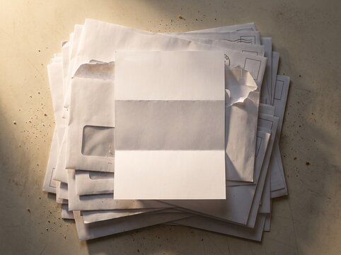 Folded blank letter on stack of torn window envelopes