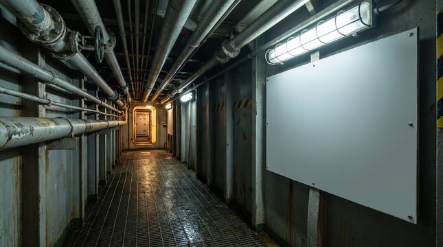 Blank white panel in rusty ship corridor with pipes overhead