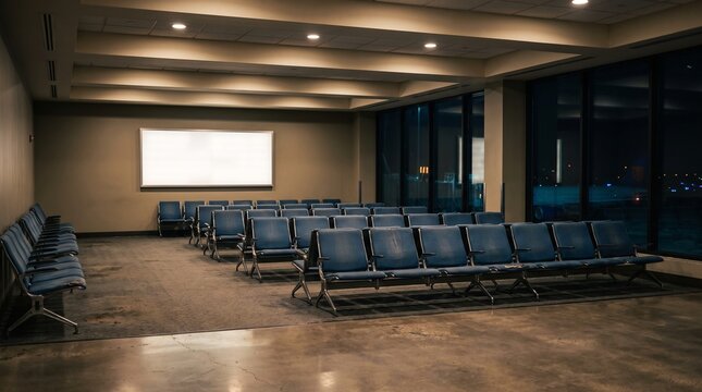 Empty airport gate lounge at night with blank wall panel