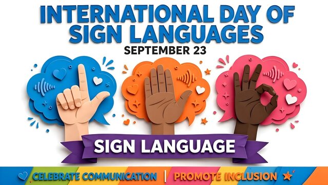 International Day of Sign Languages poster, September 23 deaf awareness illustration, colorful hand gestures and speech bubbles for inclusive communication