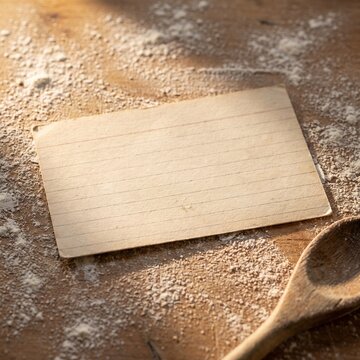 Blank lined recipe card on floured wooden table with spoon