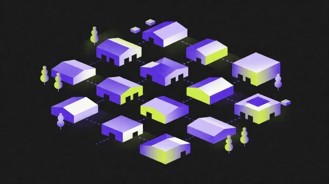 Isometric Grid of Modern Buildings with Trees in a Digital Landscape Scene
