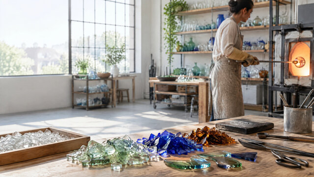 Artisan glassblower working with molten glass in a bright professional studio workshop