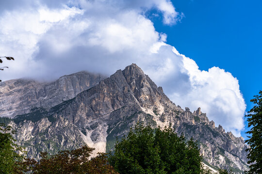 Stunning view of Monte Antelao massif from the town San Vito di Cadore in Ampezzo Dolomites Natural Park on sunny summer day, Belluno, Veneto, South Tyrol, Italy