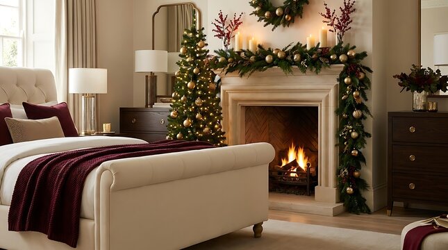 Warm and inviting living room with a lit fireplace and festive christmas decorations