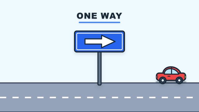 Minimalist vector illustration of a small red car driving along a grey highway past a blue one way directional traffic sign with an arrow