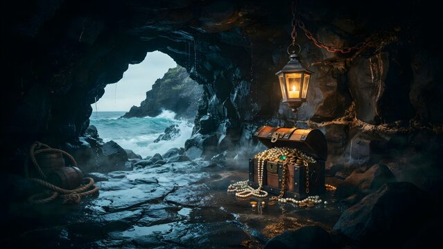 Mysterious cave by ocean with treasure chest lantern and coral reef view