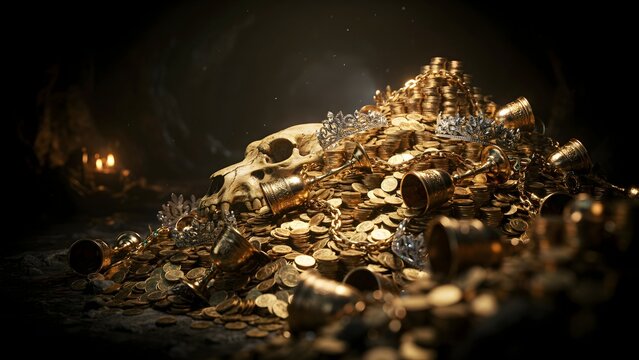 Mysterious treasure hoard with skulls, gold coins, jewelry, and ancient relics in dark setting