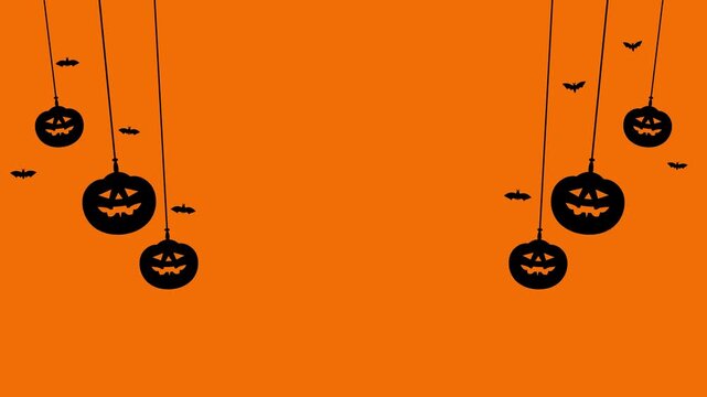 Halloween pumpkin and bat moving on orange background