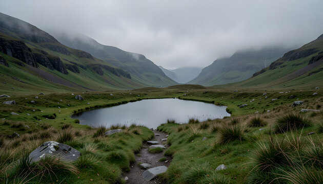 A tranquil alpine tarn reflecting the overcast sky in a lush green valley.