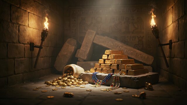 Ancient treasure chest with gold bars coins and jewelry in stone chamber scene