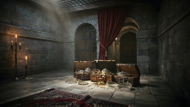 Hidden treasures inside medieval stone castle chamber with chest and artifacts