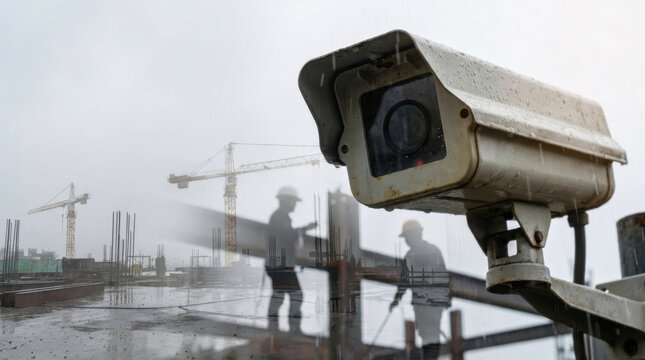Security camera at construction site monitors workers in rain, with crane and unfinished building under overcast sky