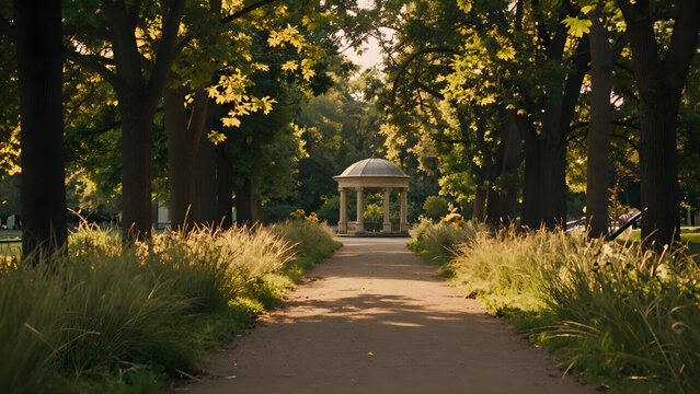 A tranquil park path leading to a classical gazebo surrounded by lush autumn foliage.
