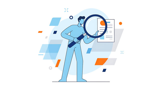 Analyst Examining Corporate Document with Magnifying Glass Vector