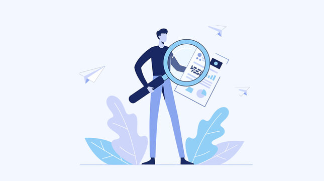 Analyst Examining Business Data with a Magnifying Glass Illustration