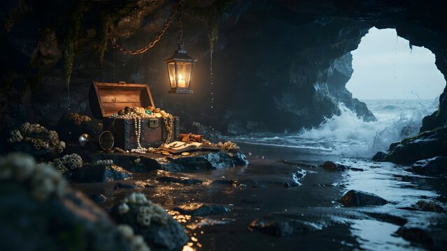 Enchanting hidden cave with treasure chest lantern and ocean view backdrop