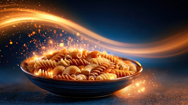 Bowl of fusilli pasta with glowing light streaks