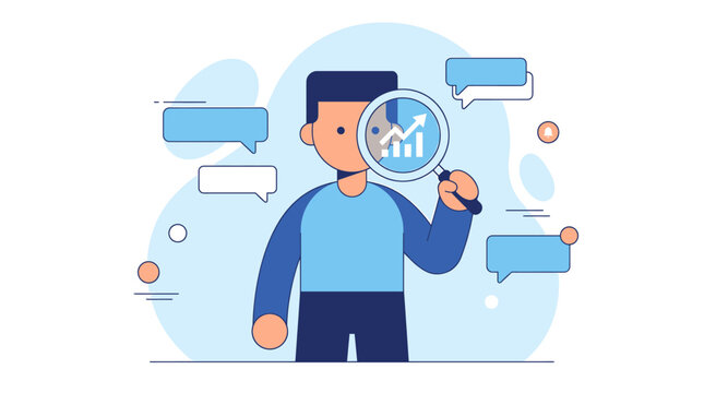 Analyst Inspecting Business Data Growth with Magnifying Glass Vector