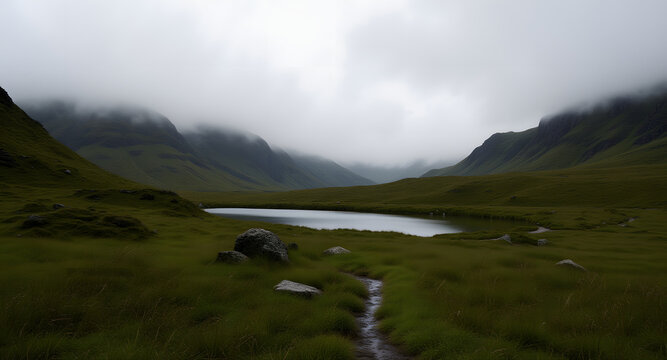 A tranquil alpine tarn reflecting overcast skies amidst rolling green highlands and distant misty mountain peaks.