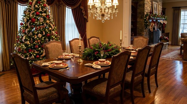 Elegant christmas dinner table setting in a warmly lit traditional dining room