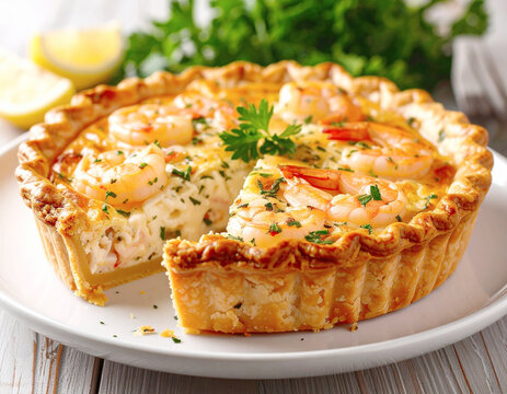 Shrimp pie, white plate, American cuisine. AI