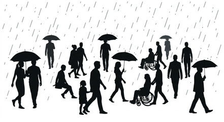Obraz premium Diverse group of pedestrians walking in rain with umbrellas and mobility aids on urban sidewalk