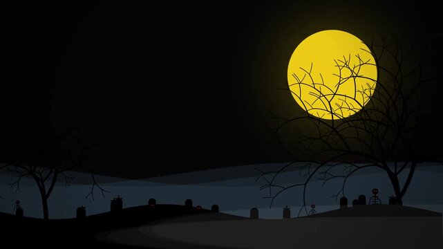 Creepy Night Cemetery with Glowing Red Eyes and Skeletons Halloween Background