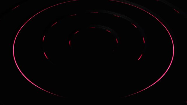 Red neon light rings pulsing in abstract dark circle motion background loop