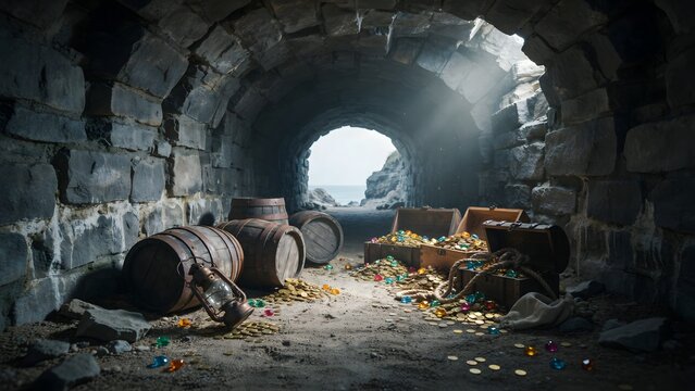 Hidden treasure cache in a stone tunnel with scattered gold coins and barrels