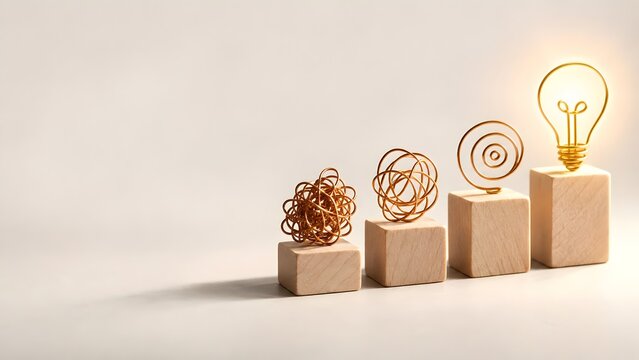 Tangled wire transitioning into a glowing lightbulb on wooden blocks illustrating problem solving and clear idea generation