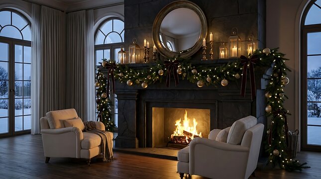 Luxurious living room with a roaring fireplace and festive winter holiday decorations
