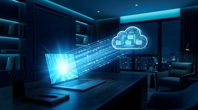Modern laptop computer projecting digital binary data streams into a glowing cloud symbol representing wireless storage and backup

