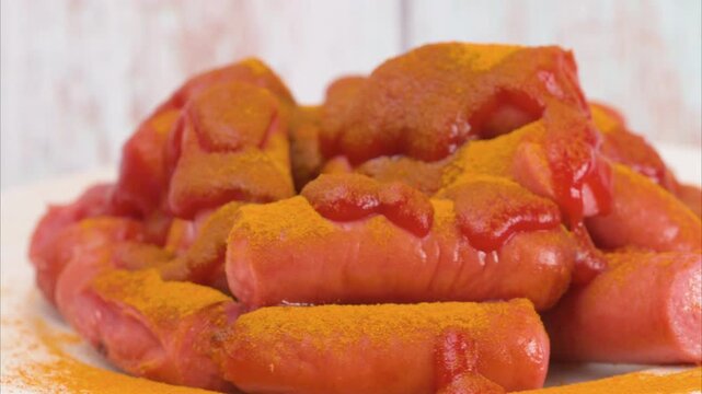 Fried sausage, sliced ​​into pieces and drizzled with a sauce based on ketchup and curry powder.