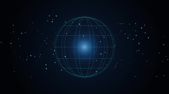 Futuristic 3D Digital Globe Rotating with Glowing Blue Particles and Cyber Network Grid Technology