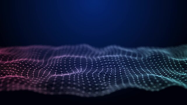 Waves transmit silent codes through a luminous matrix. Particles pulse with digital motion. 3D rendering. Seamless loop.