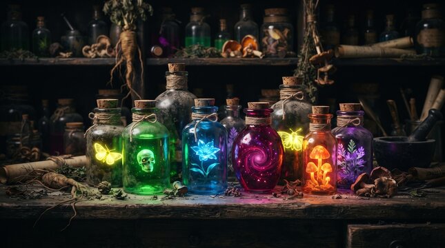 Colorful potion bottles in a mystical herbalist's workshop  