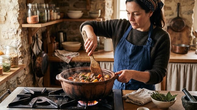 Woman stirring steaming meat and vegetable stew in clay pot with wooden spoon on gas stove in cozy rustic kitchen depicting home cooking comfort food