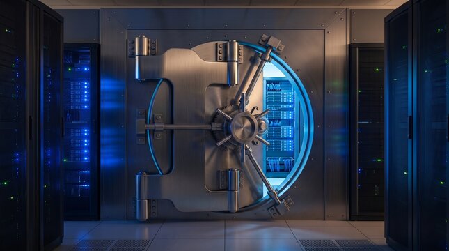 Massive Steel Vault Door Opening to Reveal Glowing Digital Servers