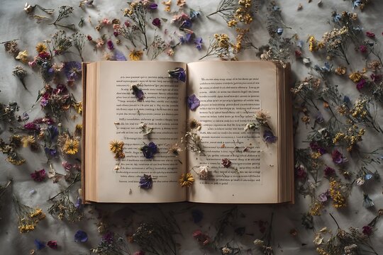 open book with dry flowers