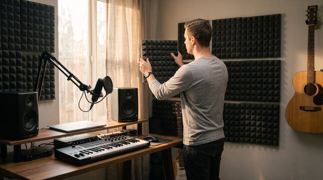Male content creator attaching pyramid acoustic foam panel to home studio wall highlighting soundproofing treatment and audio recording environment