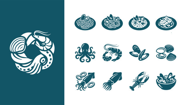 Collection of monochrome seafood icons and logos featuring shrimp, octopus, squid, mussels, lobster, and various Italian seafood dishes like pasta and risotto on a plain background.Vector illustration