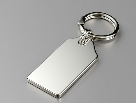 Silver key chain with a tag hanging from it