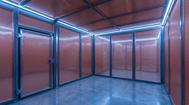 Interior of an Empty Faraday Cage Room with Woven Copper Mesh Walls